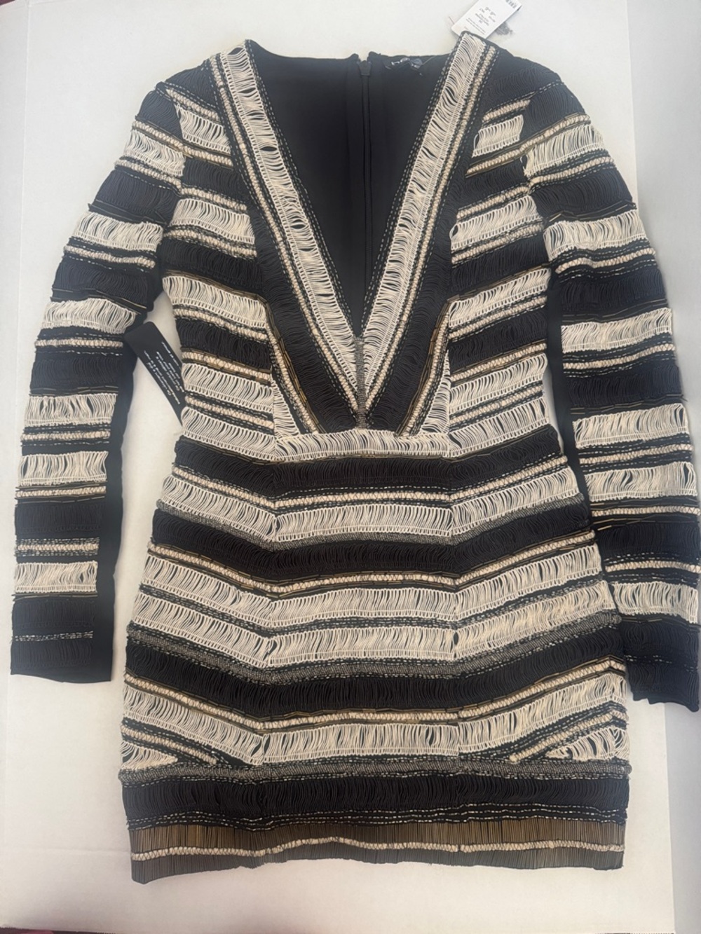bebe Black and Cream Beaded Fringe-Striped Long Sleeve Mini Dress